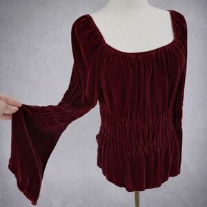 Whimsigoth Velvet Smocked Blouse Renaissance Burgundy Bell Sleeve Top S/M